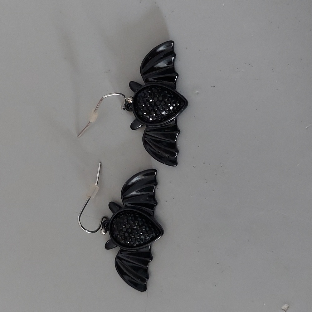 Black Crystal & Enamel Vampire Bat Halloween Earrings